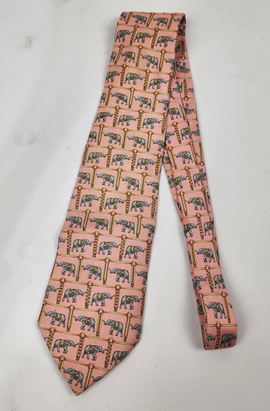 Vintage Burberry's All Silk Elephant Tie Made In France Necktie Pink Yellow Gray